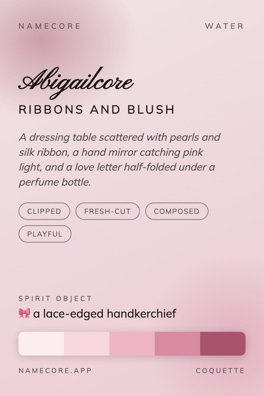 Abigail aesthetic card - Abigailcore: a Coquette palette, Pinyon Script type and a lace-edged handkerchief