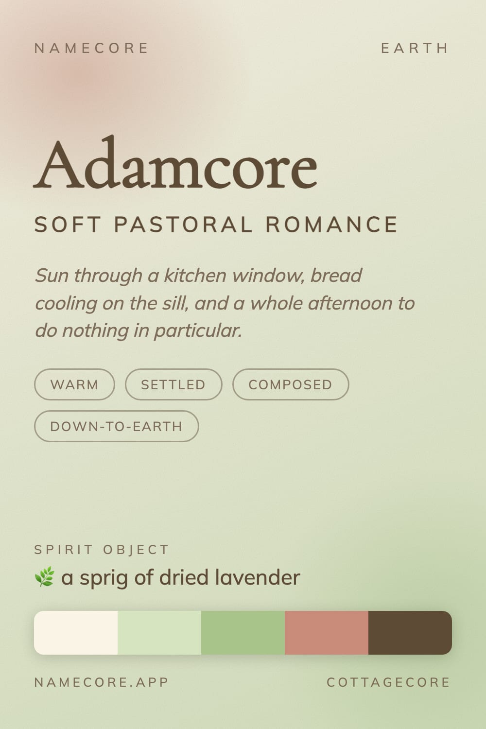 Adam aesthetic card - Adamcore: a Cottagecore palette, Cormorant Garamond type and a sprig of dried lavender