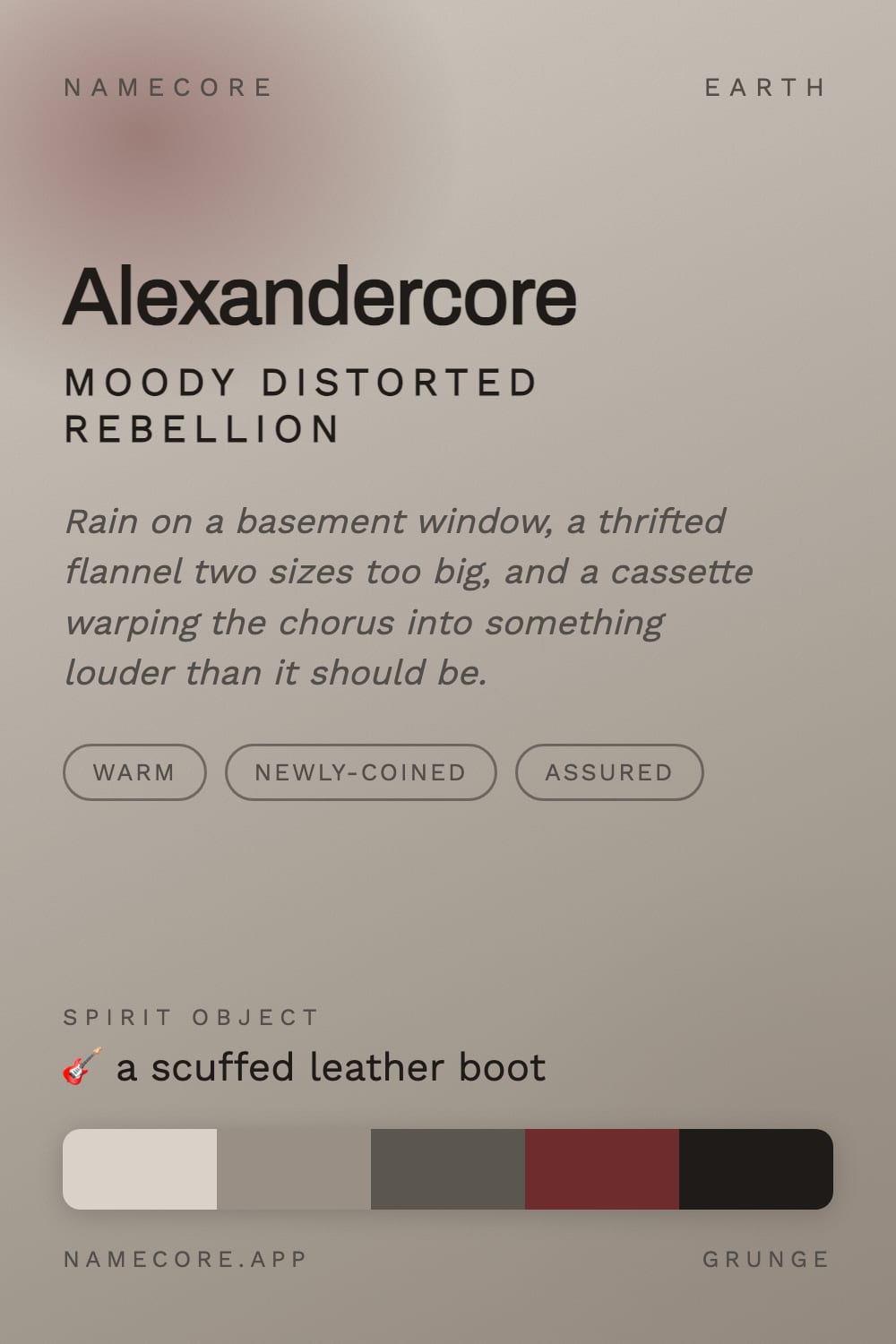 Alexander aesthetic card - Alexandercore: a Grunge palette, Archivo type and a scuffed leather boot