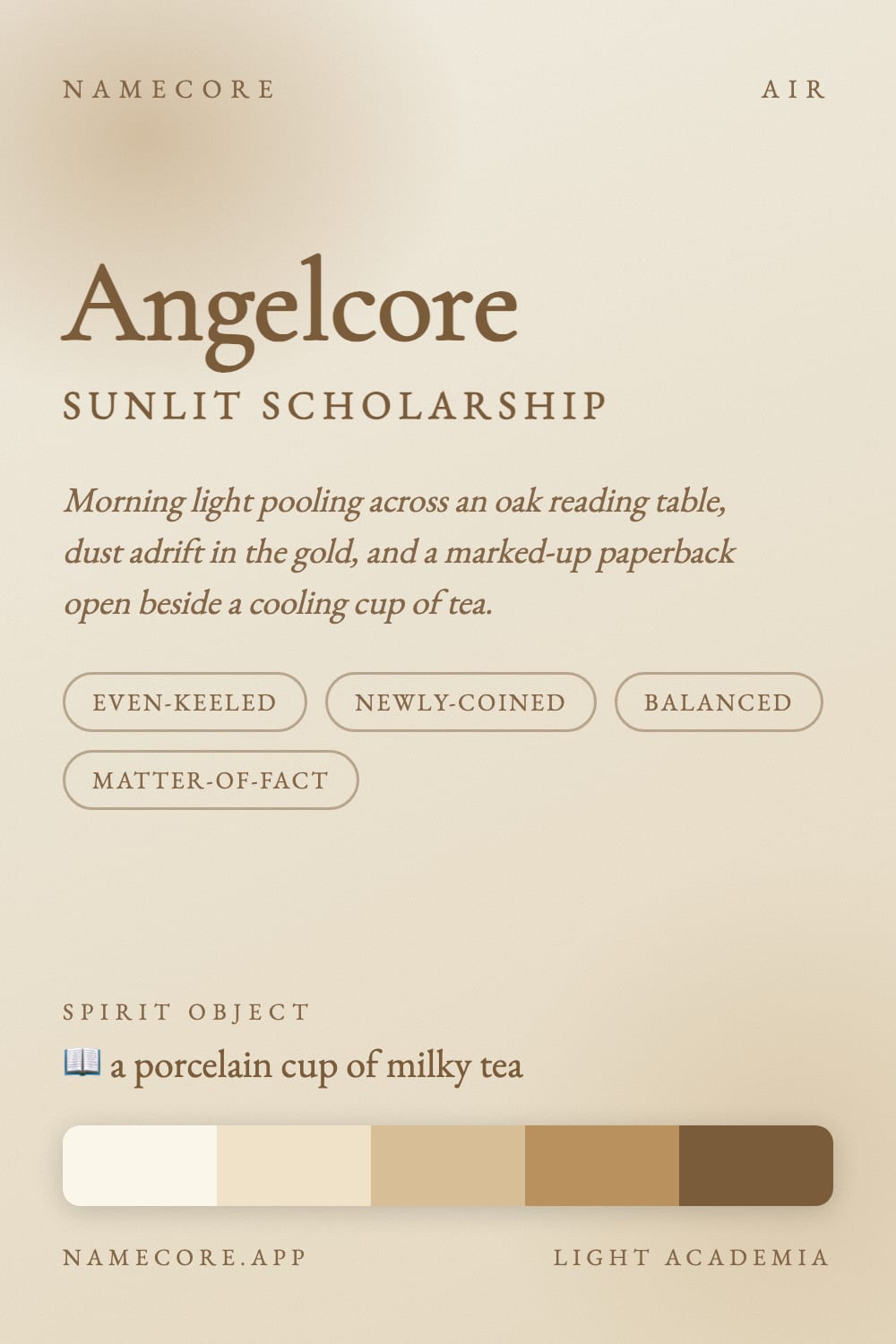 Angel aesthetic card - Angelcore: a Light Academia palette, Cormorant Garamond type and a porcelain cup of milky tea