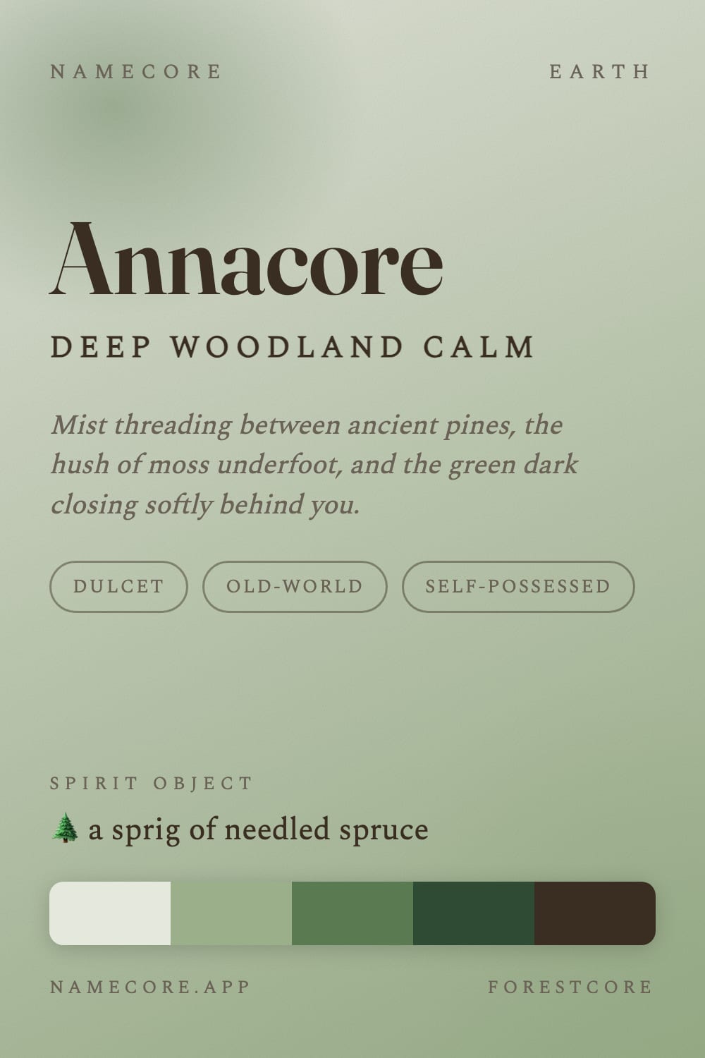 Anna aesthetic card - Annacore: a Forestcore palette, Fraunces type and a sprig of needled spruce