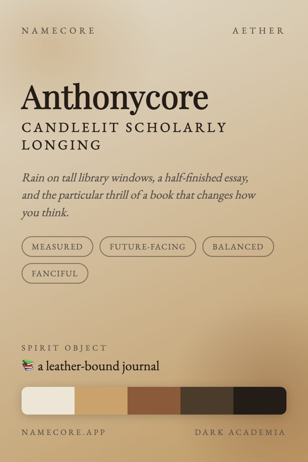 Anthony aesthetic card - Anthonycore: a Dark Academia palette, Playfair Display type and a leather-bound journal