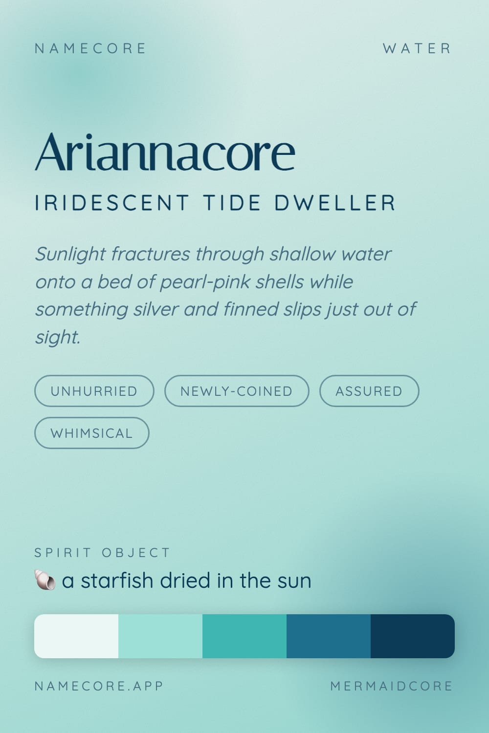 Arianna aesthetic card - Ariannacore: a Mermaidcore palette, Italiana type and a starfish dried in the sun