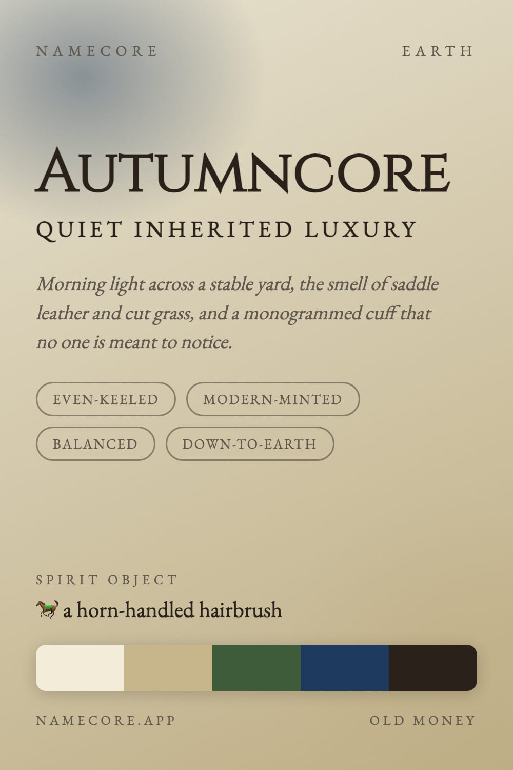Autumn aesthetic card - Autumncore: a Old Money palette, Cinzel type and a horn-handled hairbrush