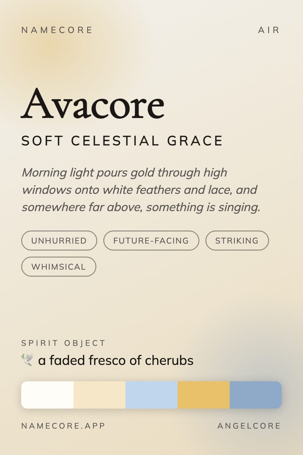 Ava aesthetic card - Avacore: a Angelcore palette, Cormorant Garamond type and a faded fresco of cherubs