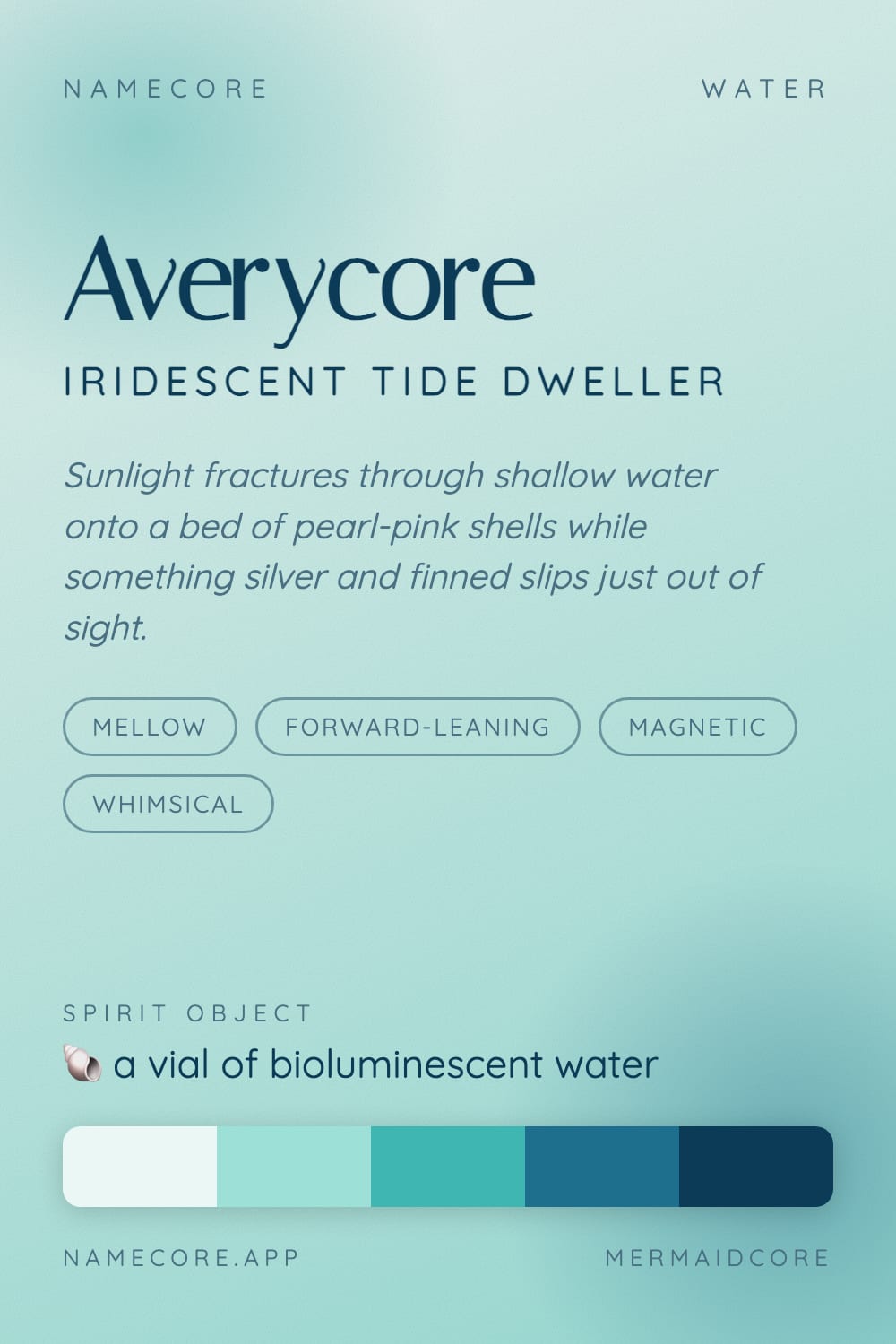 Avery aesthetic card - Averycore: a Mermaidcore palette, Italiana type and a vial of bioluminescent water