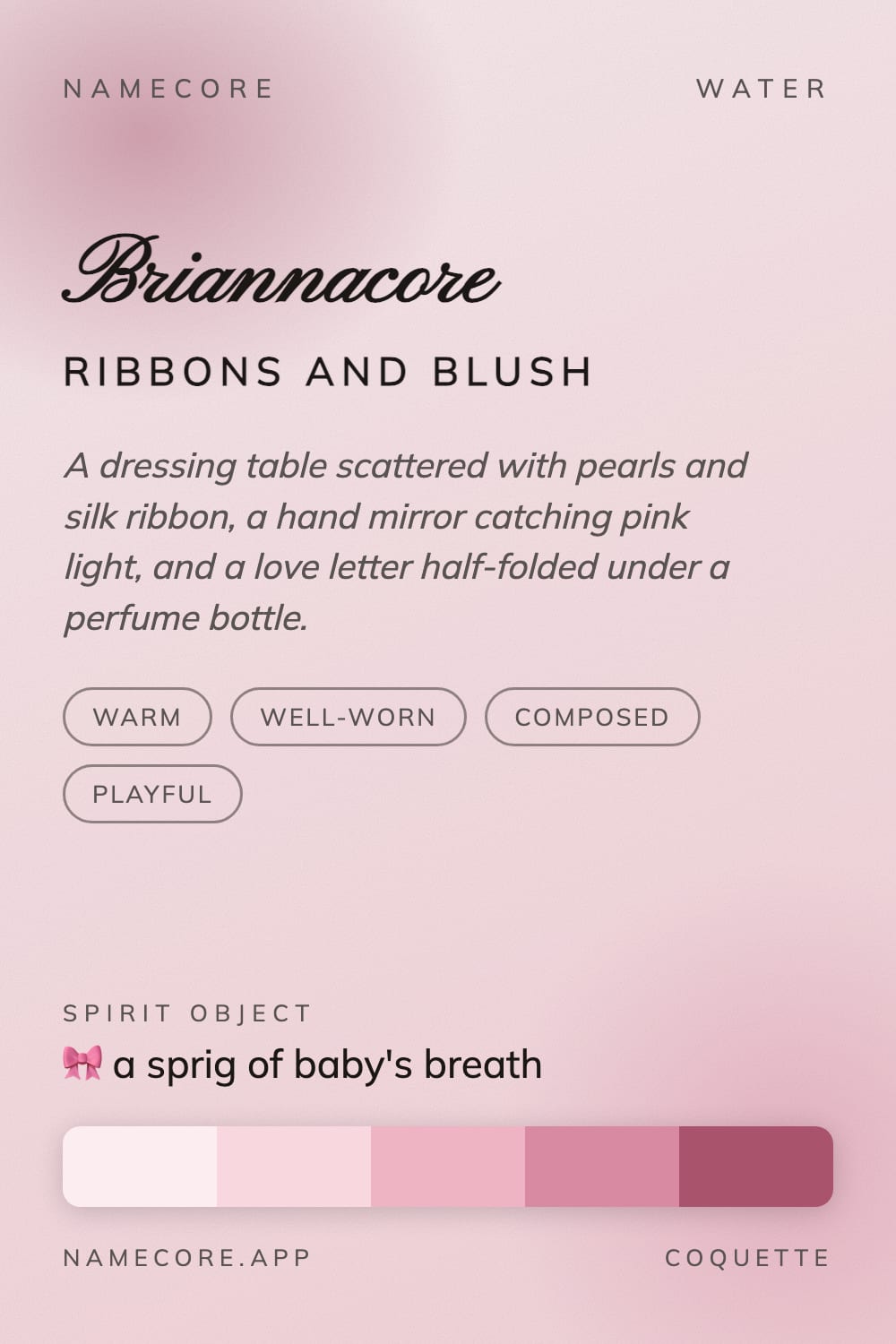 Brianna aesthetic card - Briannacore: a Coquette palette, Pinyon Script type and a sprig of baby's breath
