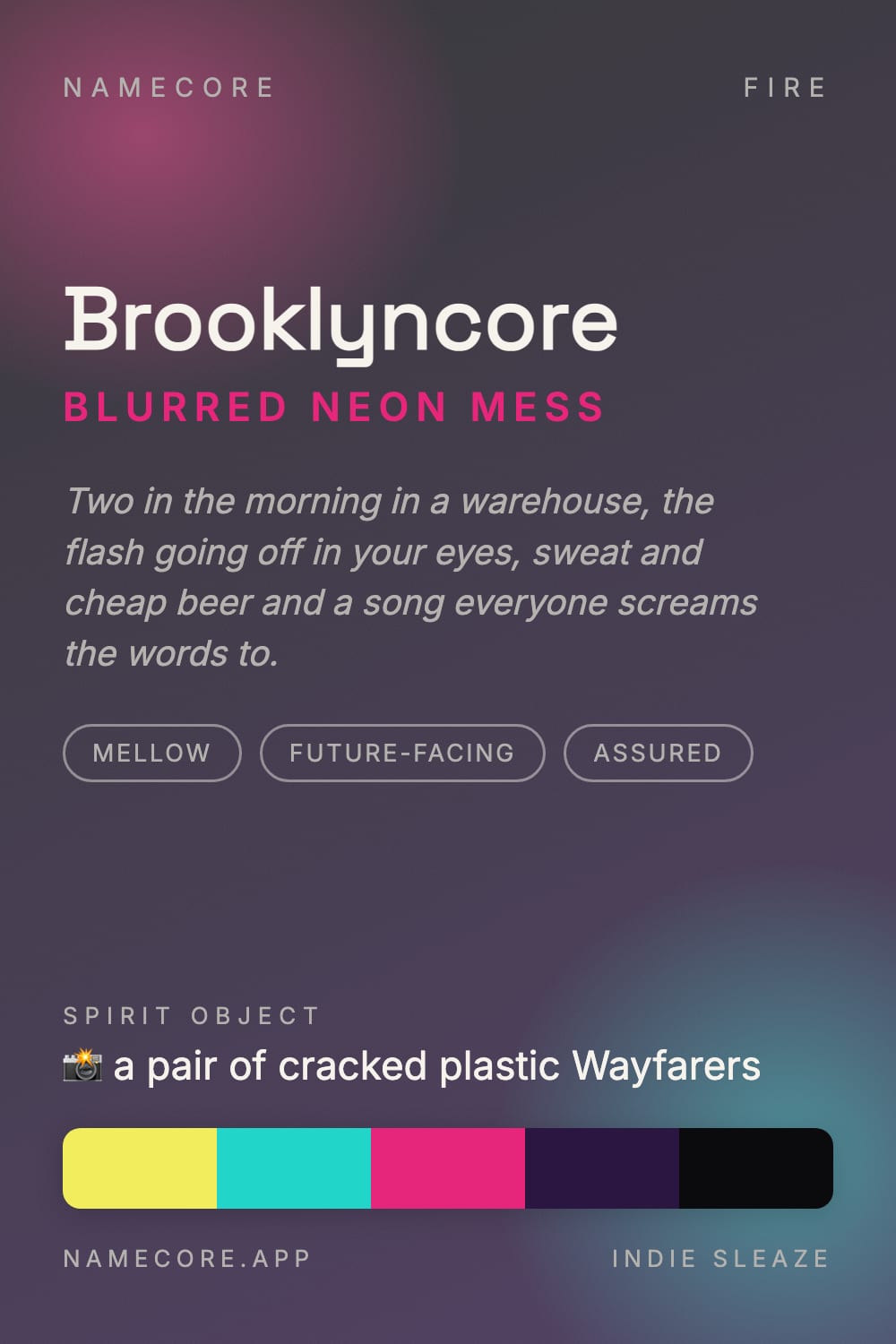 Brooklyn aesthetic card - Brooklyncore: a Indie Sleaze palette, Space Grotesk type and a pair of cracked plastic Wayfarers