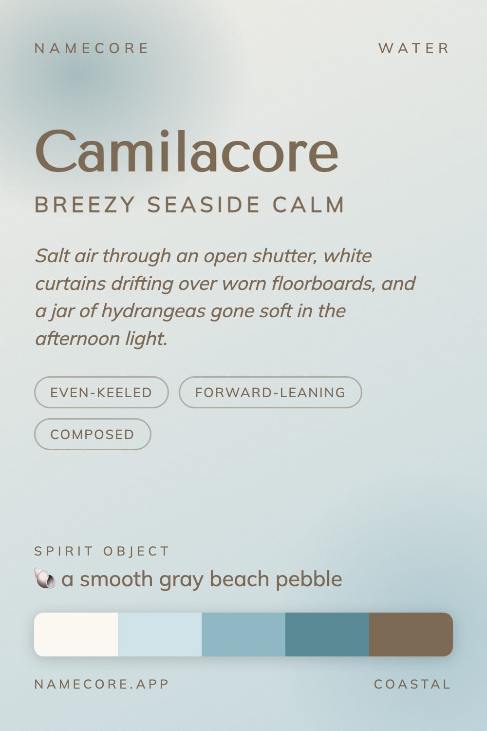 Camila aesthetic card - Camilacore: a Coastal palette, Tenor Sans type and a smooth gray beach pebble