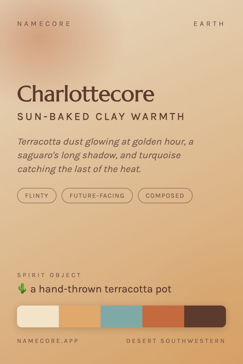 Charlotte aesthetic card - Charlottecore: a Desert Southwestern palette, Marcellus type and a hand-thrown terracotta pot