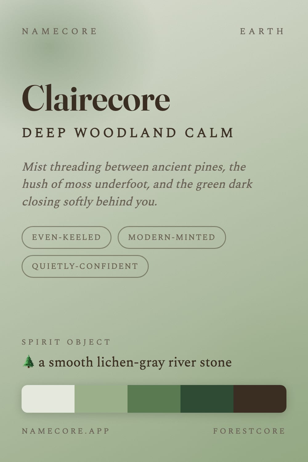 Claire aesthetic card - Clairecore: a Forestcore palette, Fraunces type and a smooth lichen-gray river stone