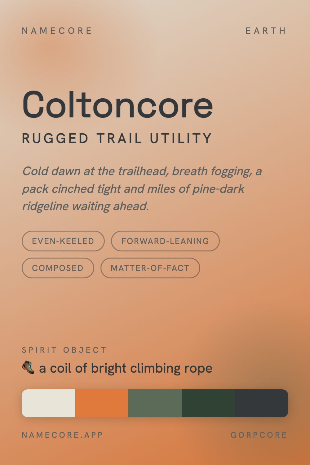 Colton aesthetic card - Coltoncore: a Gorpcore palette, Space Grotesk type and a coil of bright climbing rope