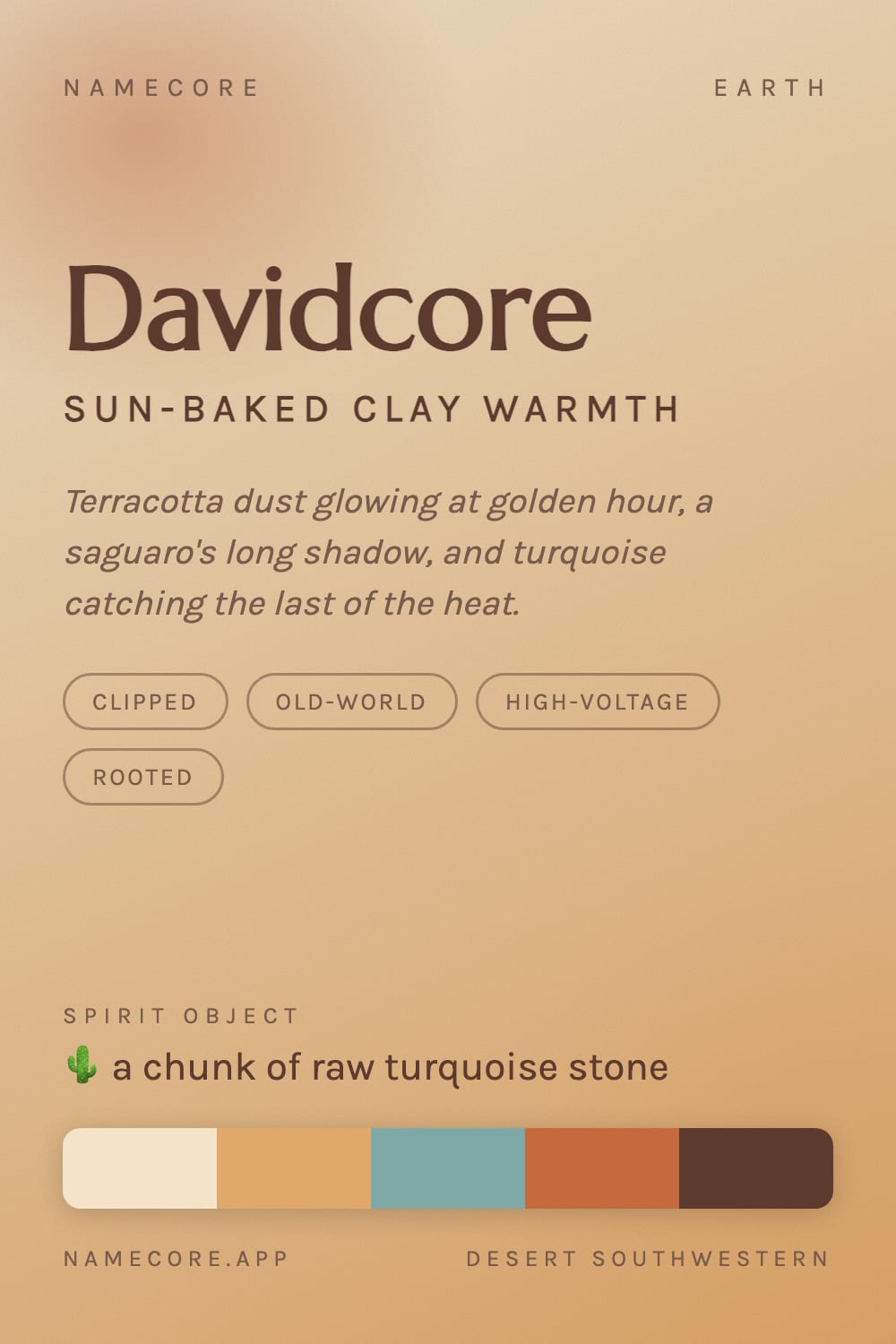 David aesthetic card - Davidcore: a Desert Southwestern palette, Marcellus type and a chunk of raw turquoise stone