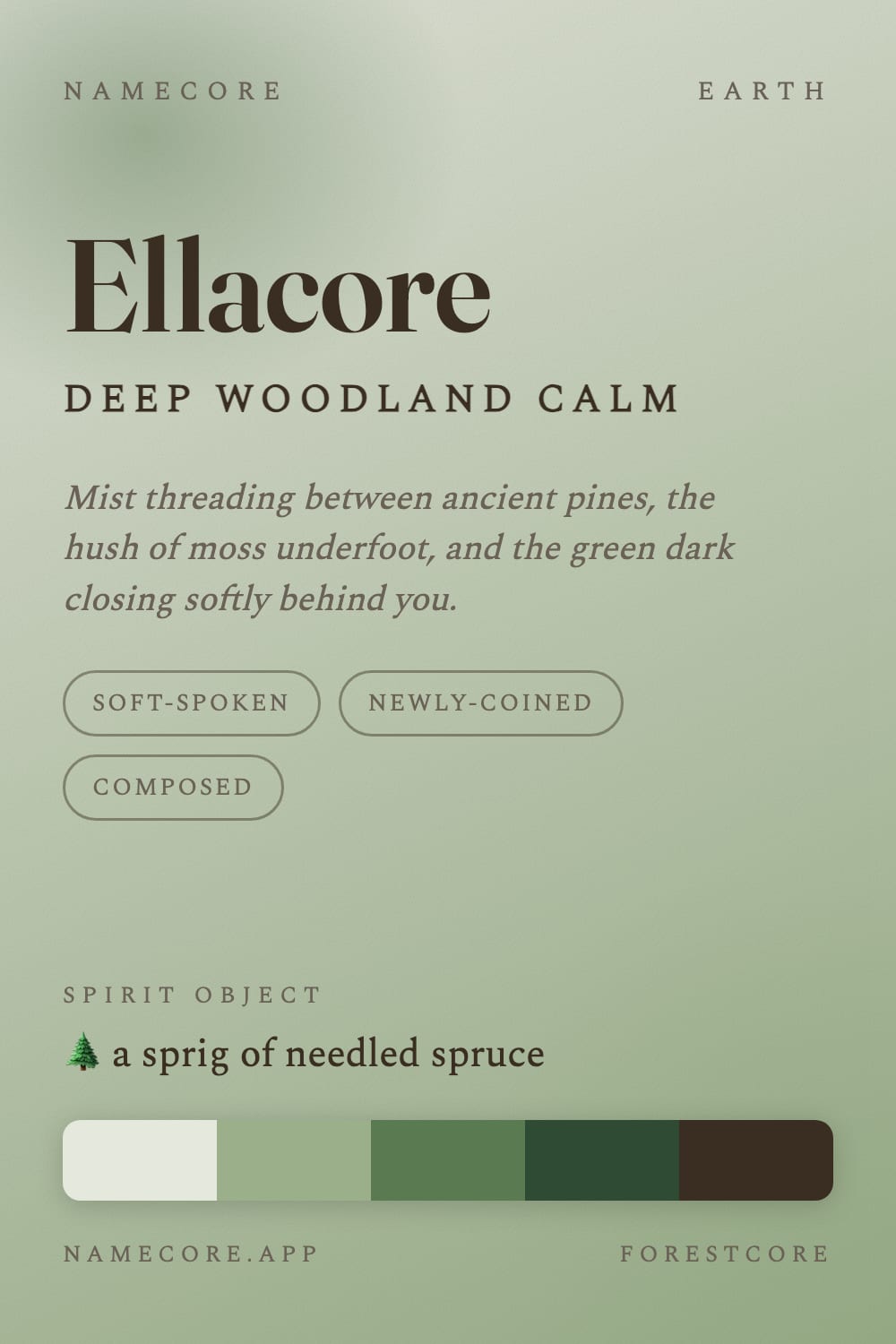 Ella aesthetic card - Ellacore: a Forestcore palette, Fraunces type and a sprig of needled spruce