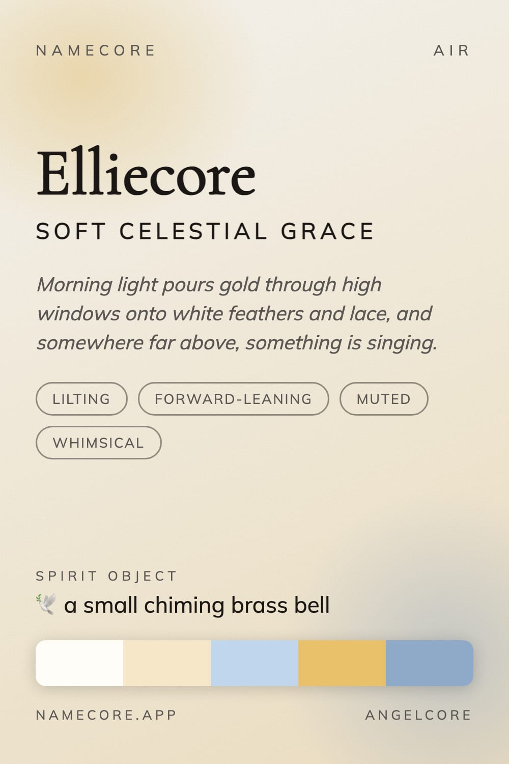 Ellie aesthetic card - Elliecore: a Angelcore palette, Cormorant Garamond type and a small chiming brass bell