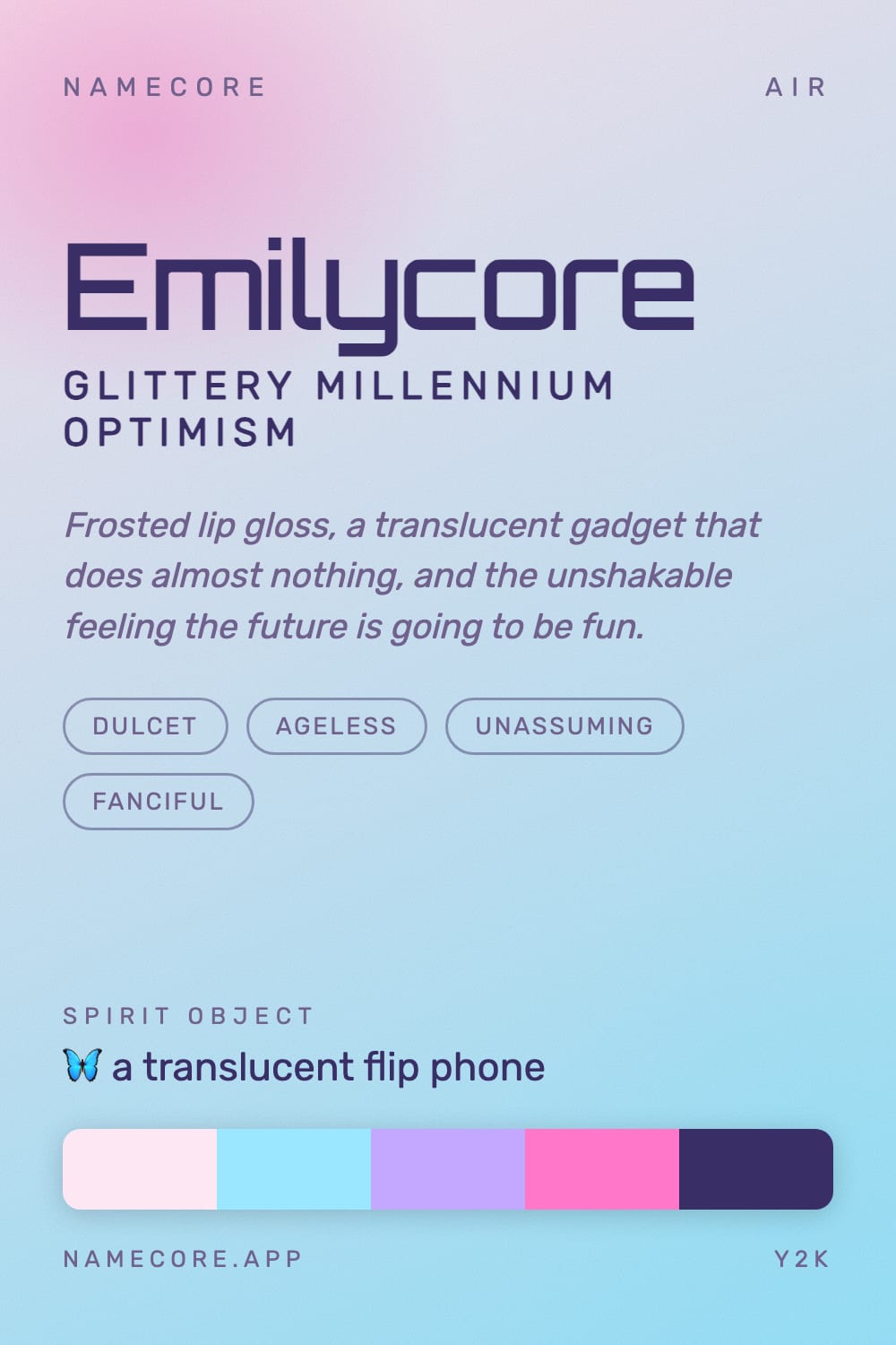 Emily aesthetic card - Emilycore: a Y2K palette, Orbitron type and a translucent flip phone