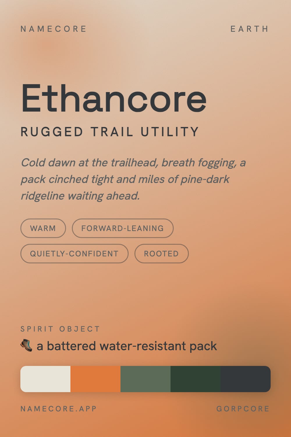Ethan aesthetic card - Ethancore: a Gorpcore palette, Space Grotesk type and a battered water-resistant pack