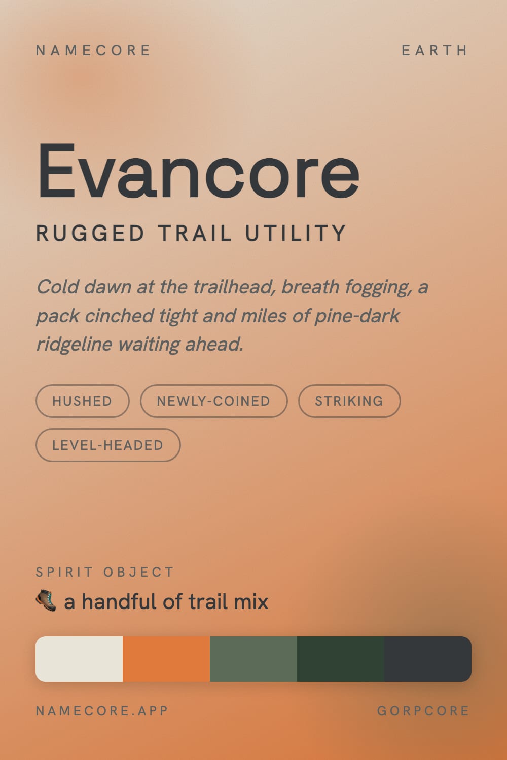 Evan aesthetic card - Evancore: a Gorpcore palette, Space Grotesk type and a handful of trail mix