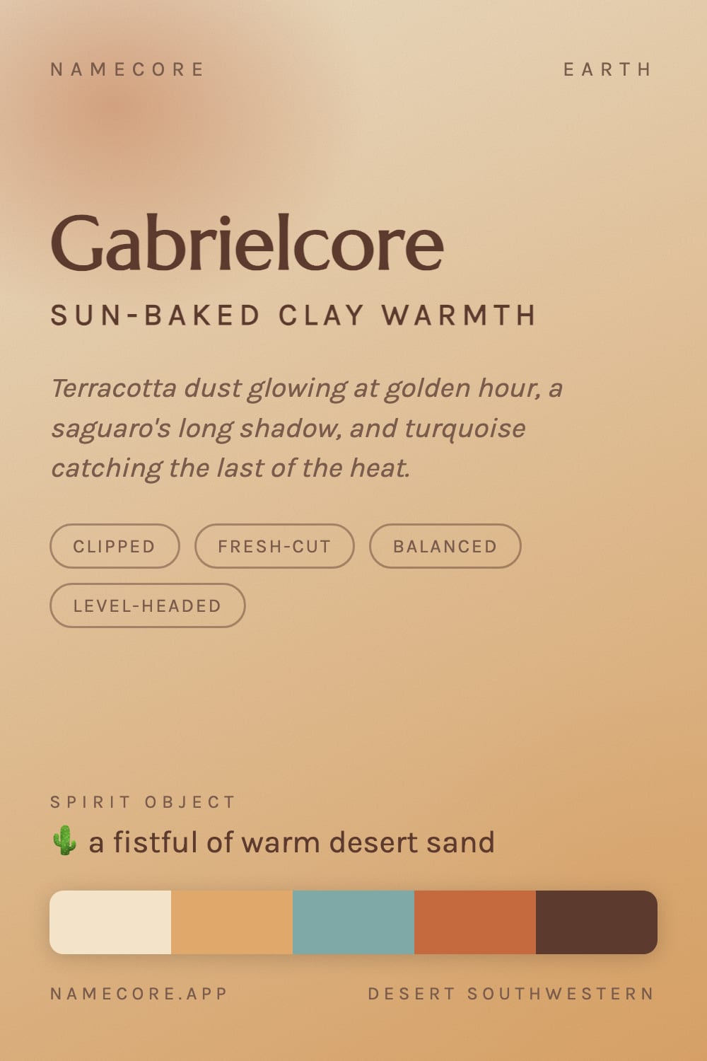 Gabriel aesthetic card - Gabrielcore: a Desert Southwestern palette, Marcellus type and a fistful of warm desert sand