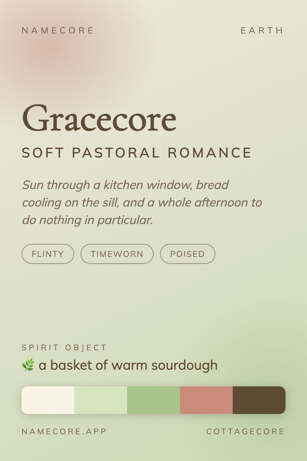 Grace aesthetic card - Gracecore: a Cottagecore palette, Cormorant Garamond type and a basket of warm sourdough