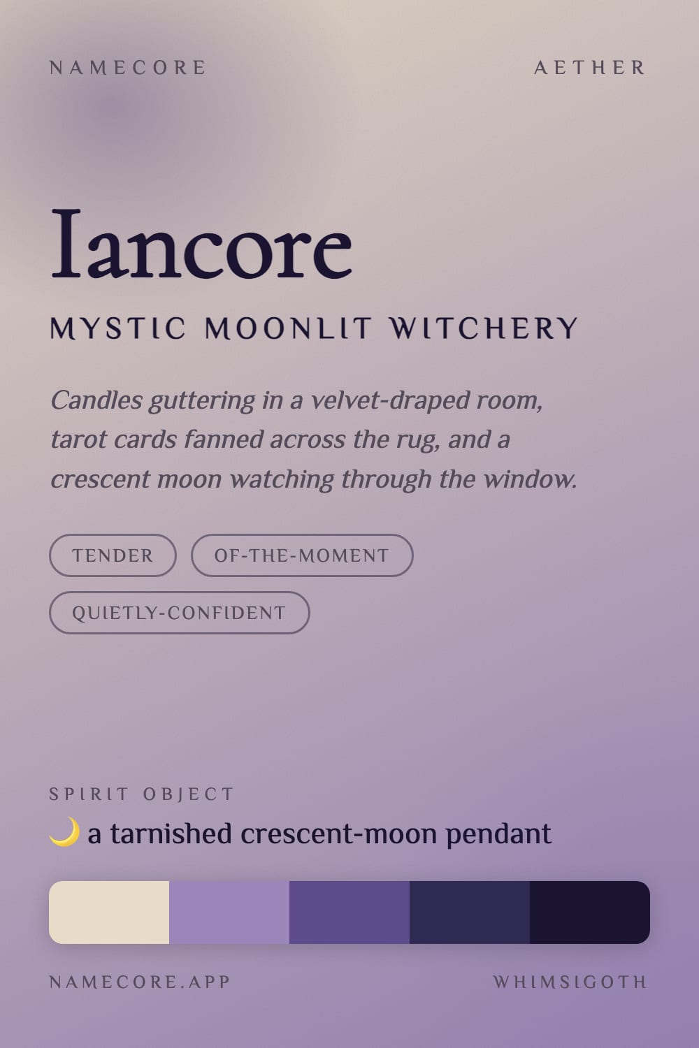 Ian aesthetic card - Iancore: a Whimsigoth palette, Cormorant type and a tarnished crescent-moon pendant