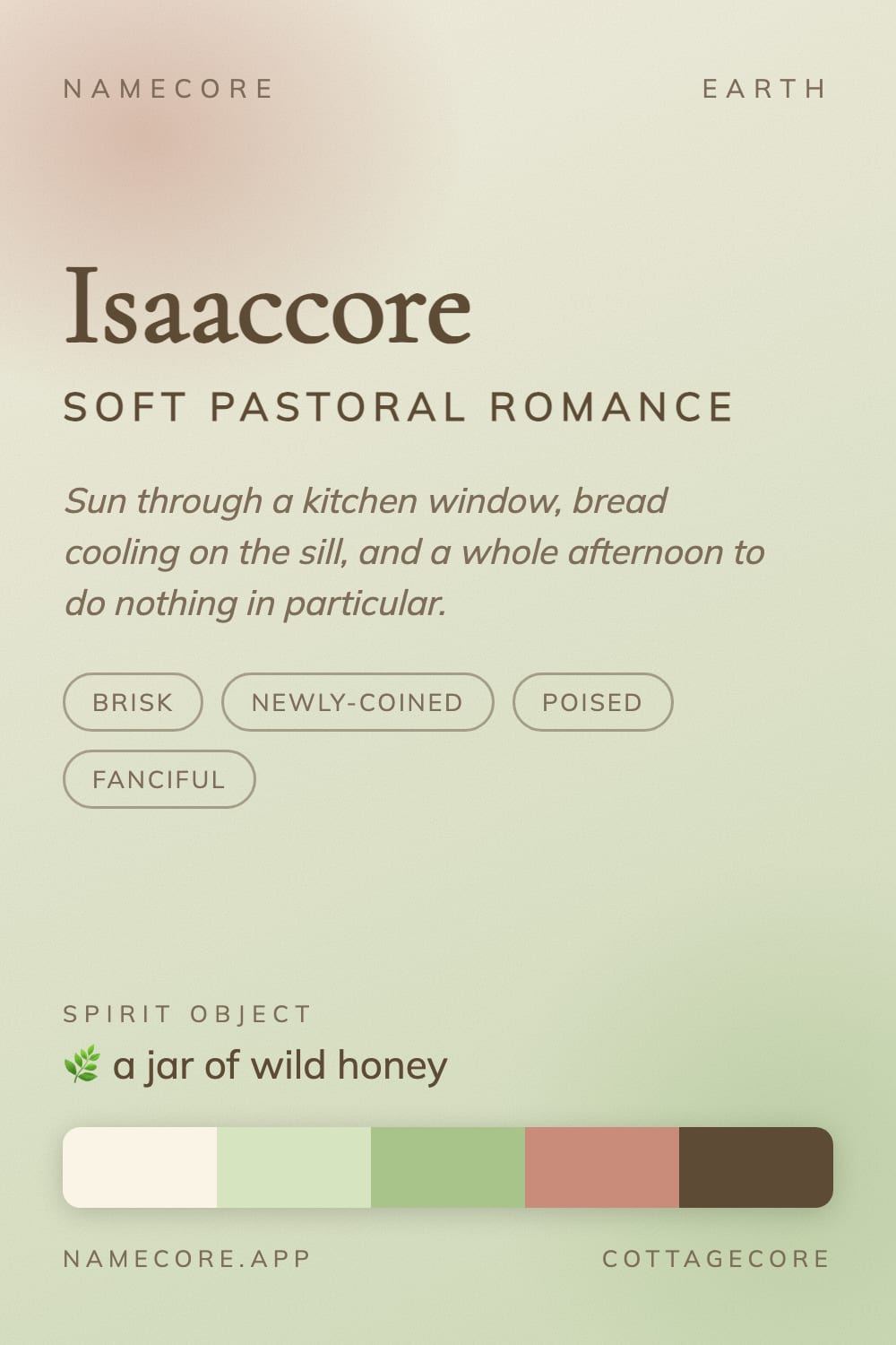 Isaac aesthetic card - Isaaccore: a Cottagecore palette, Cormorant Garamond type and a jar of wild honey