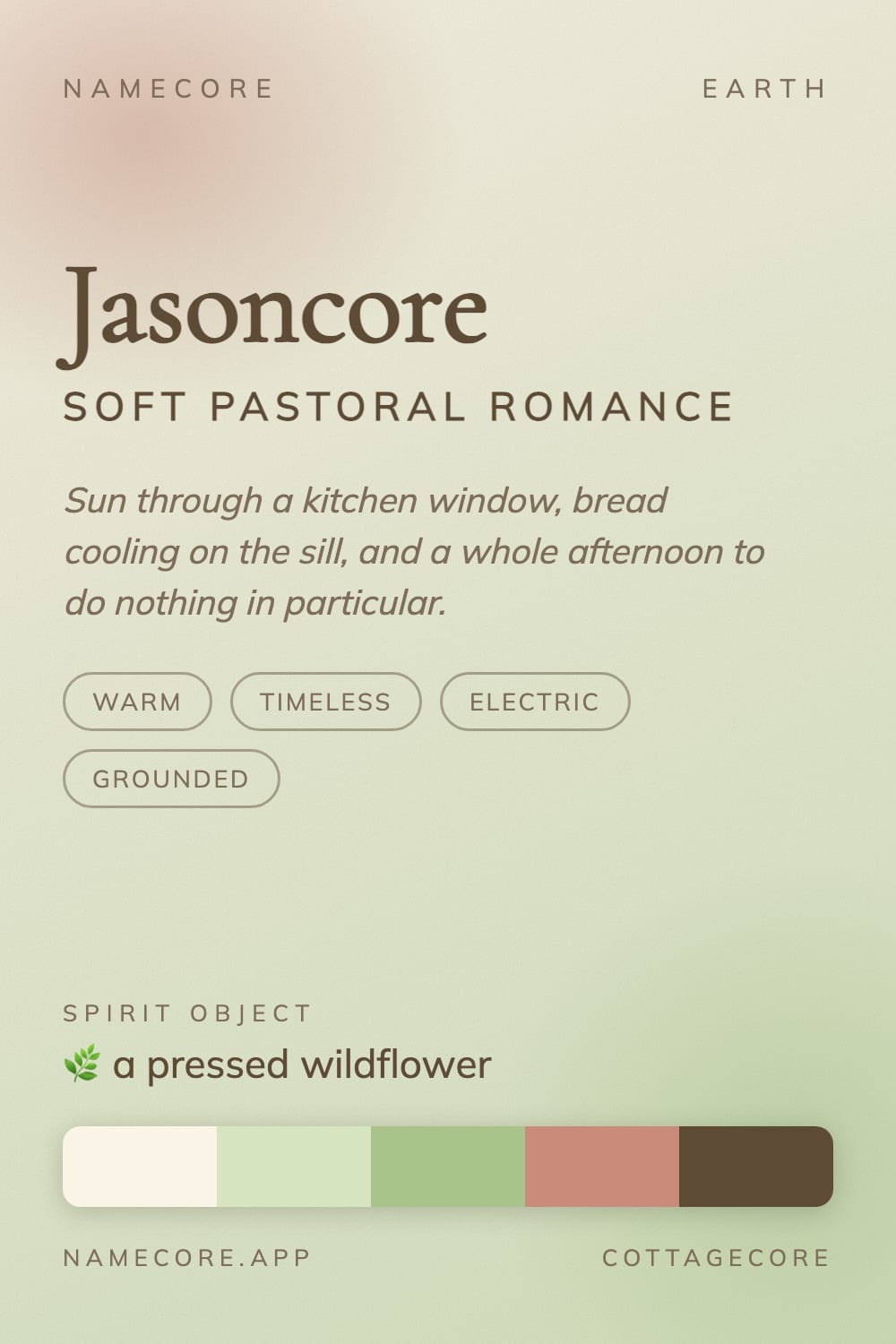 Jason aesthetic card - Jasoncore: a Cottagecore palette, Cormorant Garamond type and a pressed wildflower