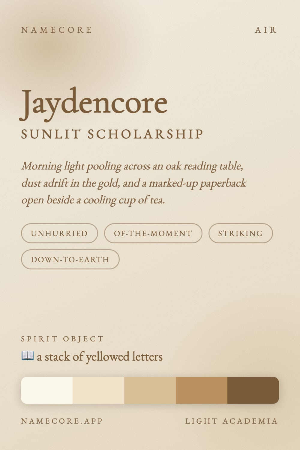 Jayden aesthetic card - Jaydencore: a Light Academia palette, Cormorant Garamond type and a stack of yellowed letters