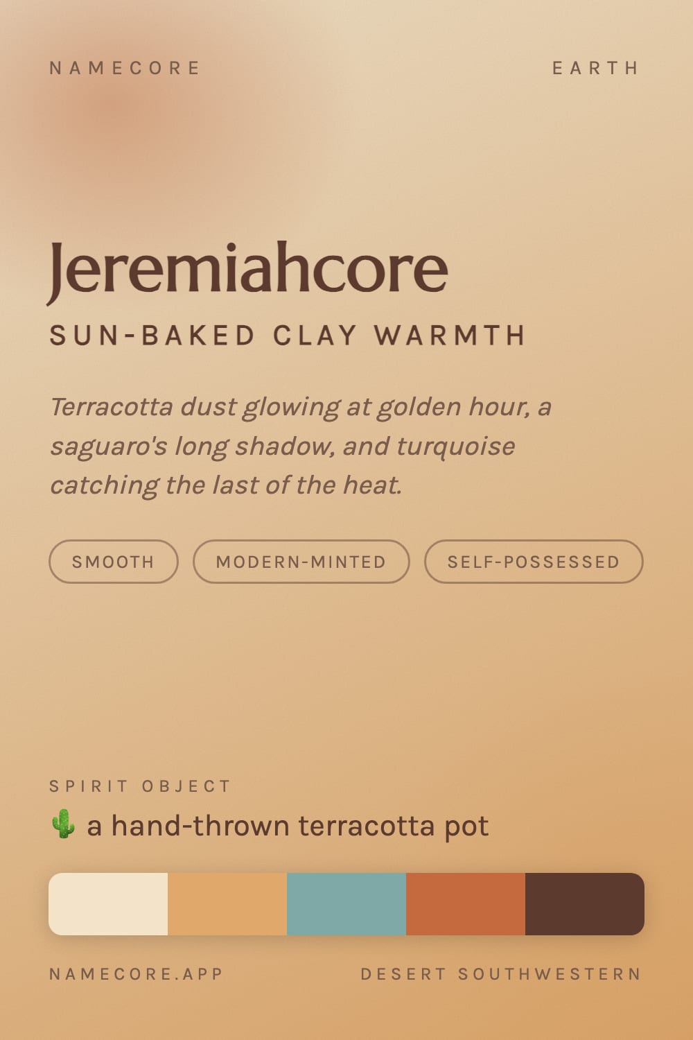 Jeremiah aesthetic card - Jeremiahcore: a Desert Southwestern palette, Marcellus type and a hand-thrown terracotta pot