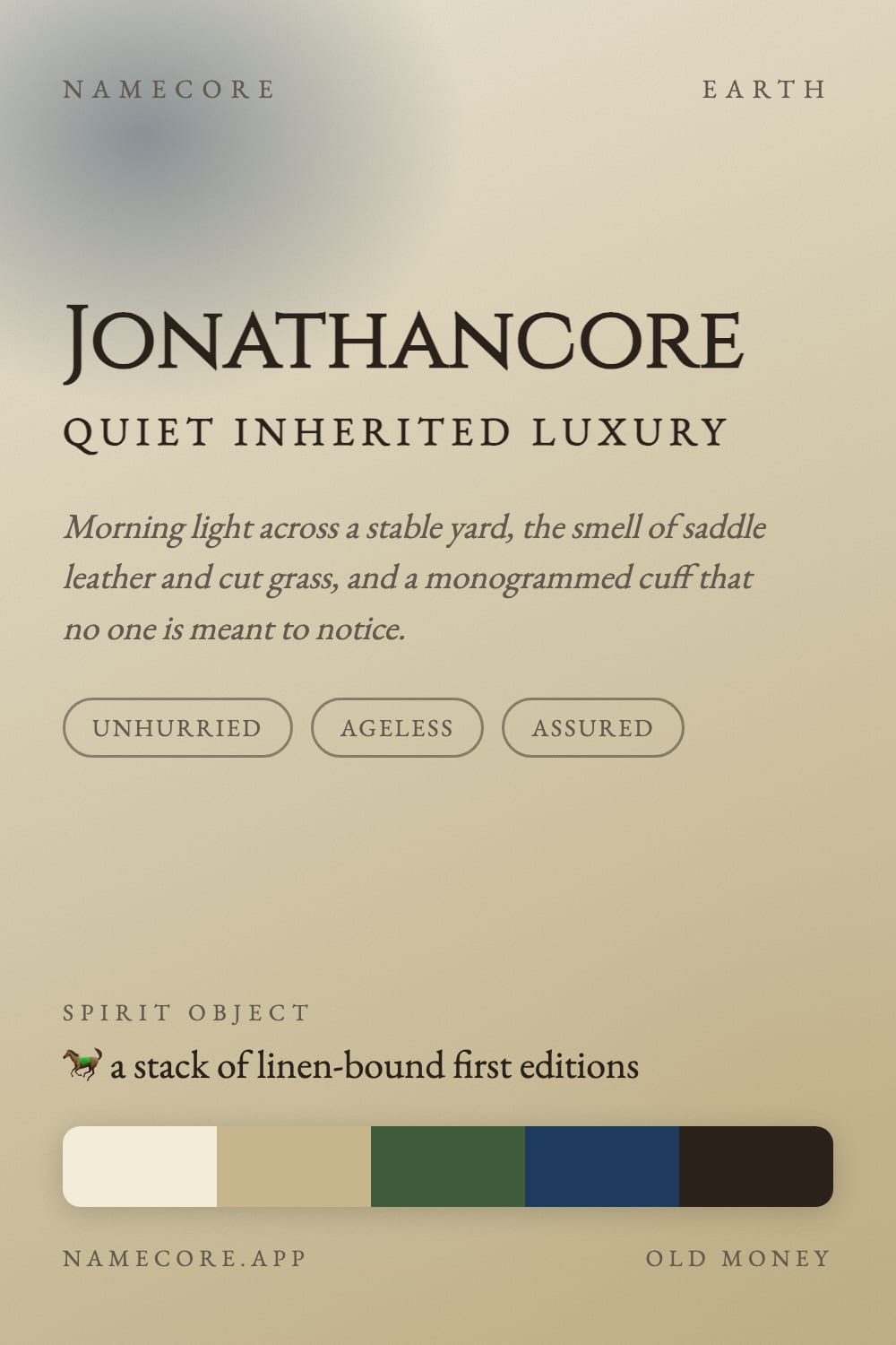 Jonathan aesthetic card - Jonathancore: a Old Money palette, Cinzel type and a stack of linen-bound first editions