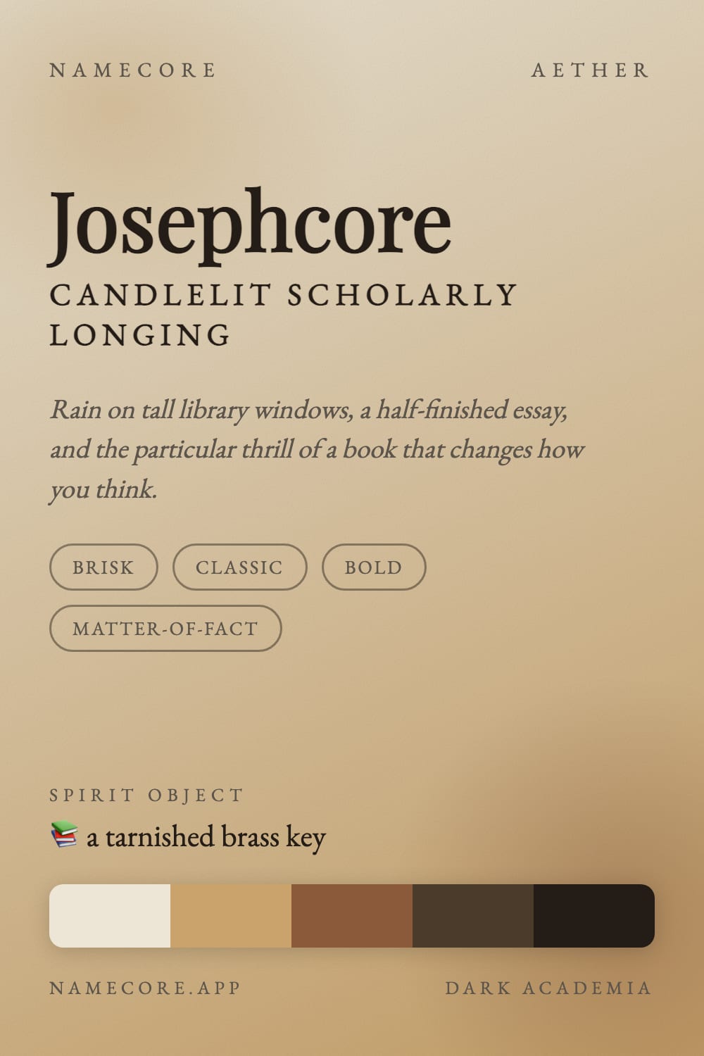 Joseph aesthetic card - Josephcore: a Dark Academia palette, Playfair Display type and a tarnished brass key