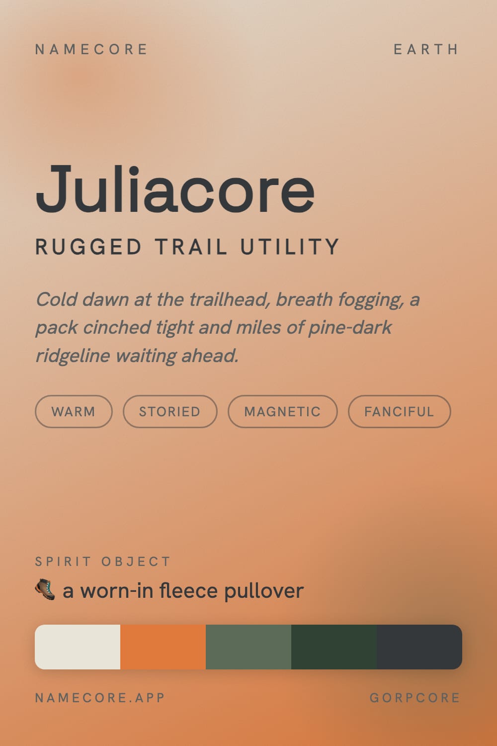 Julia aesthetic card - Juliacore: a Gorpcore palette, Space Grotesk type and a worn-in fleece pullover
