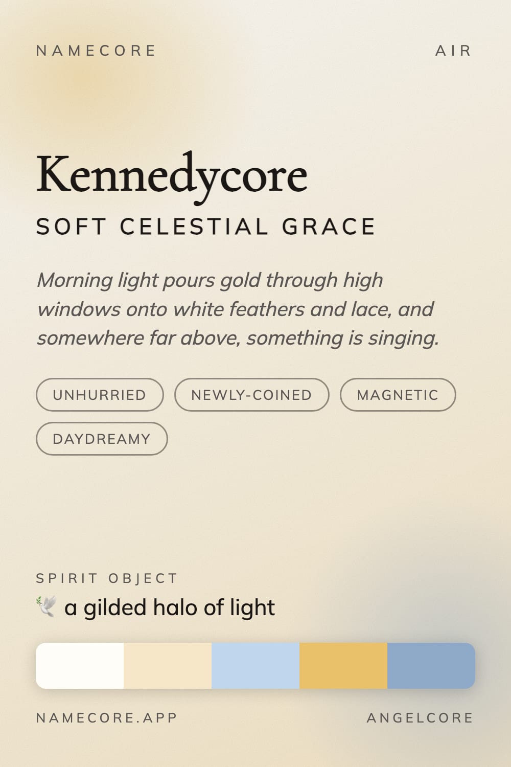 Kennedy aesthetic card - Kennedycore: a Angelcore palette, Cormorant Garamond type and a gilded halo of light
