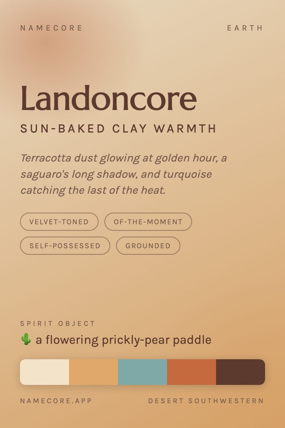 Landon aesthetic card - Landoncore: a Desert Southwestern palette, Marcellus type and a flowering prickly-pear paddle