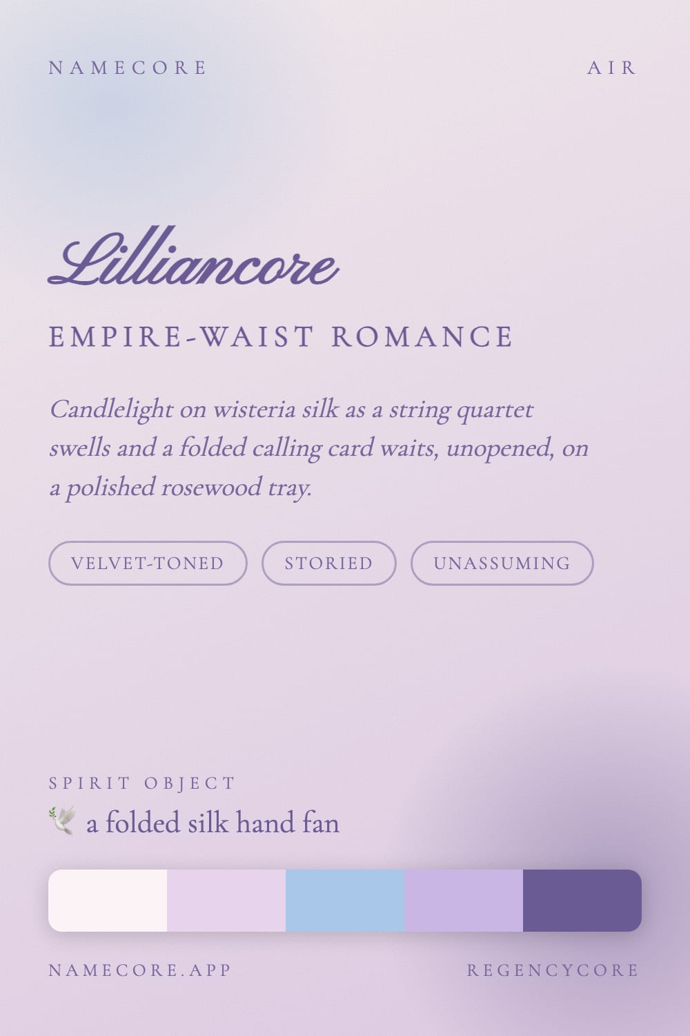Lillian aesthetic card - Lilliancore: a Regencycore palette, Pinyon Script type and a folded silk hand fan