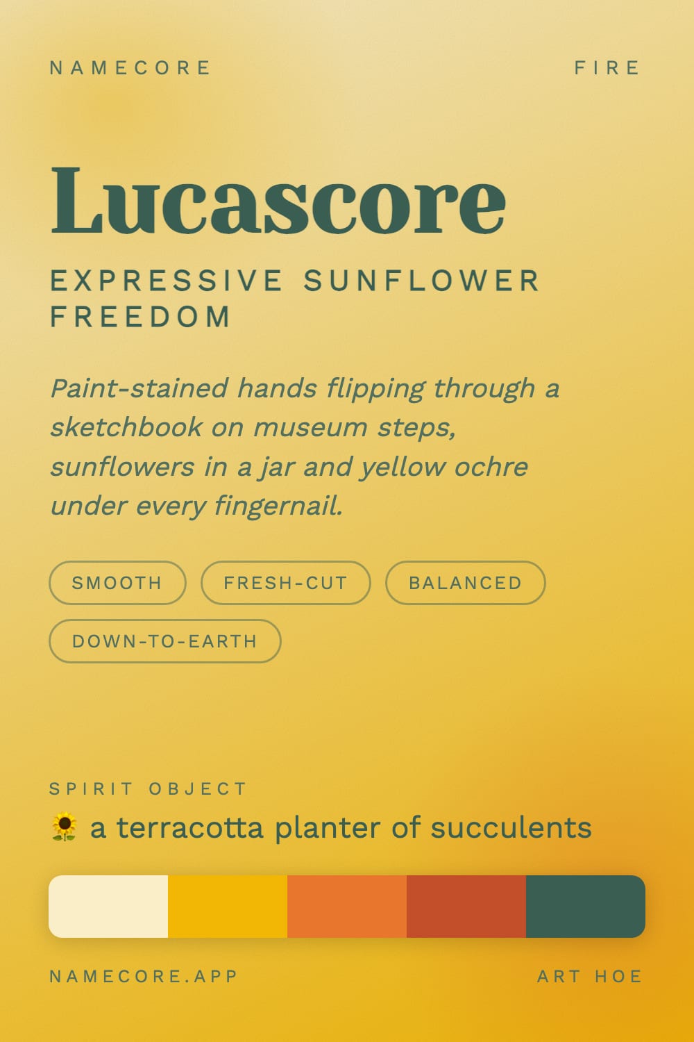 Lucas aesthetic card - Lucascore: a Art Hoe palette, Yeseva One type and a terracotta planter of succulents