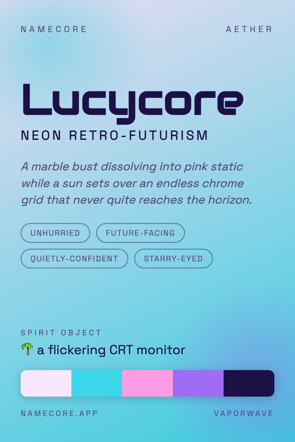 Lucy aesthetic card - Lucycore: a Vaporwave palette, Audiowide type and a flickering CRT monitor