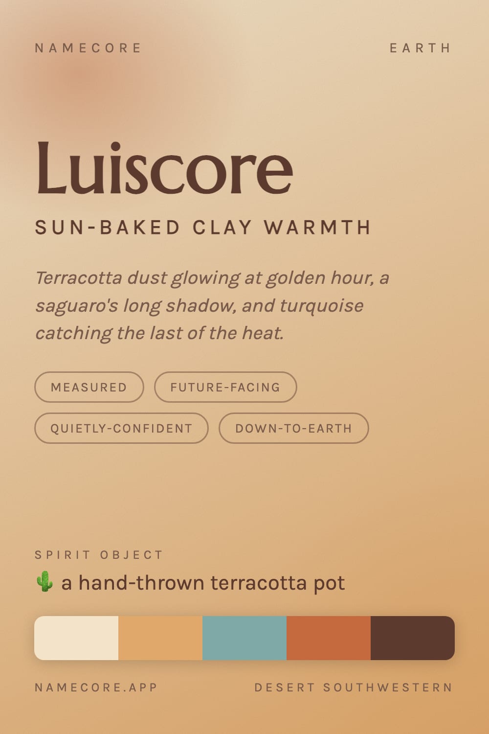 Luis aesthetic card - Luiscore: a Desert Southwestern palette, Marcellus type and a hand-thrown terracotta pot