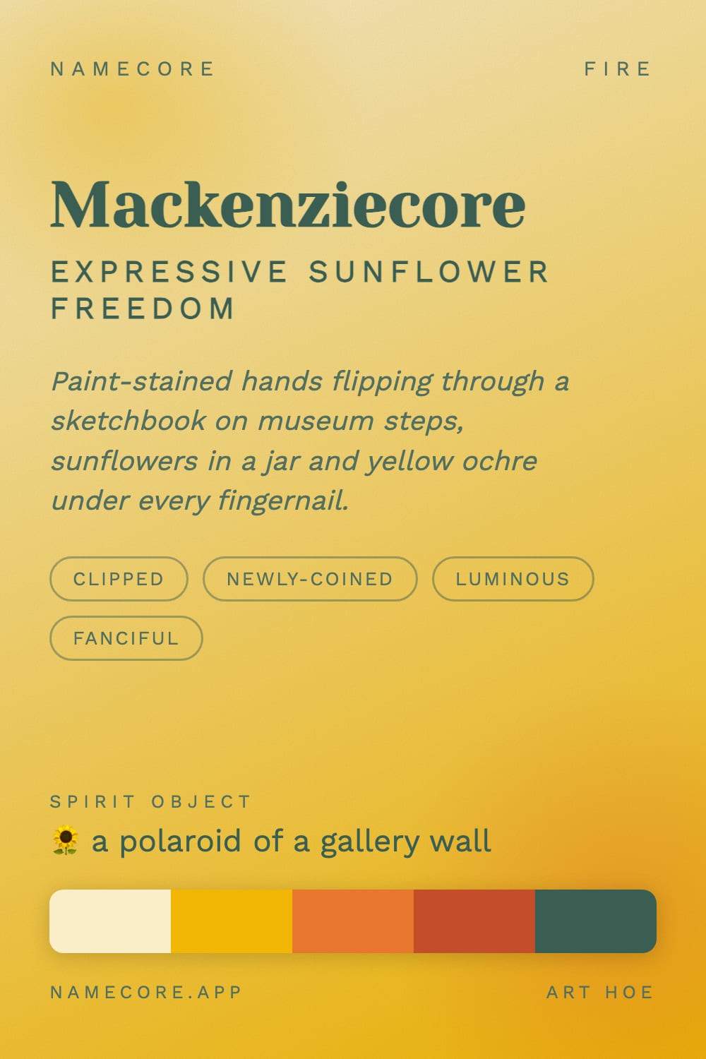 Mackenzie aesthetic card - Mackenziecore: a Art Hoe palette, Yeseva One type and a polaroid of a gallery wall