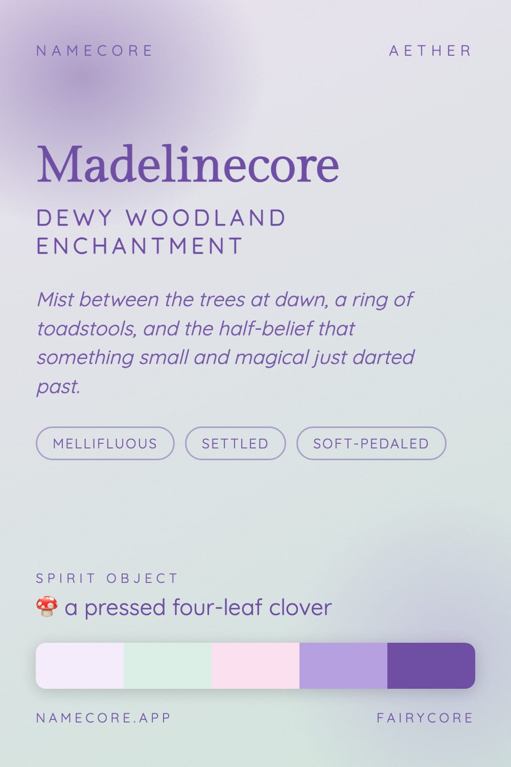 Madeline aesthetic card - Madelinecore: a Fairycore palette, Gilda Display type and a pressed four-leaf clover