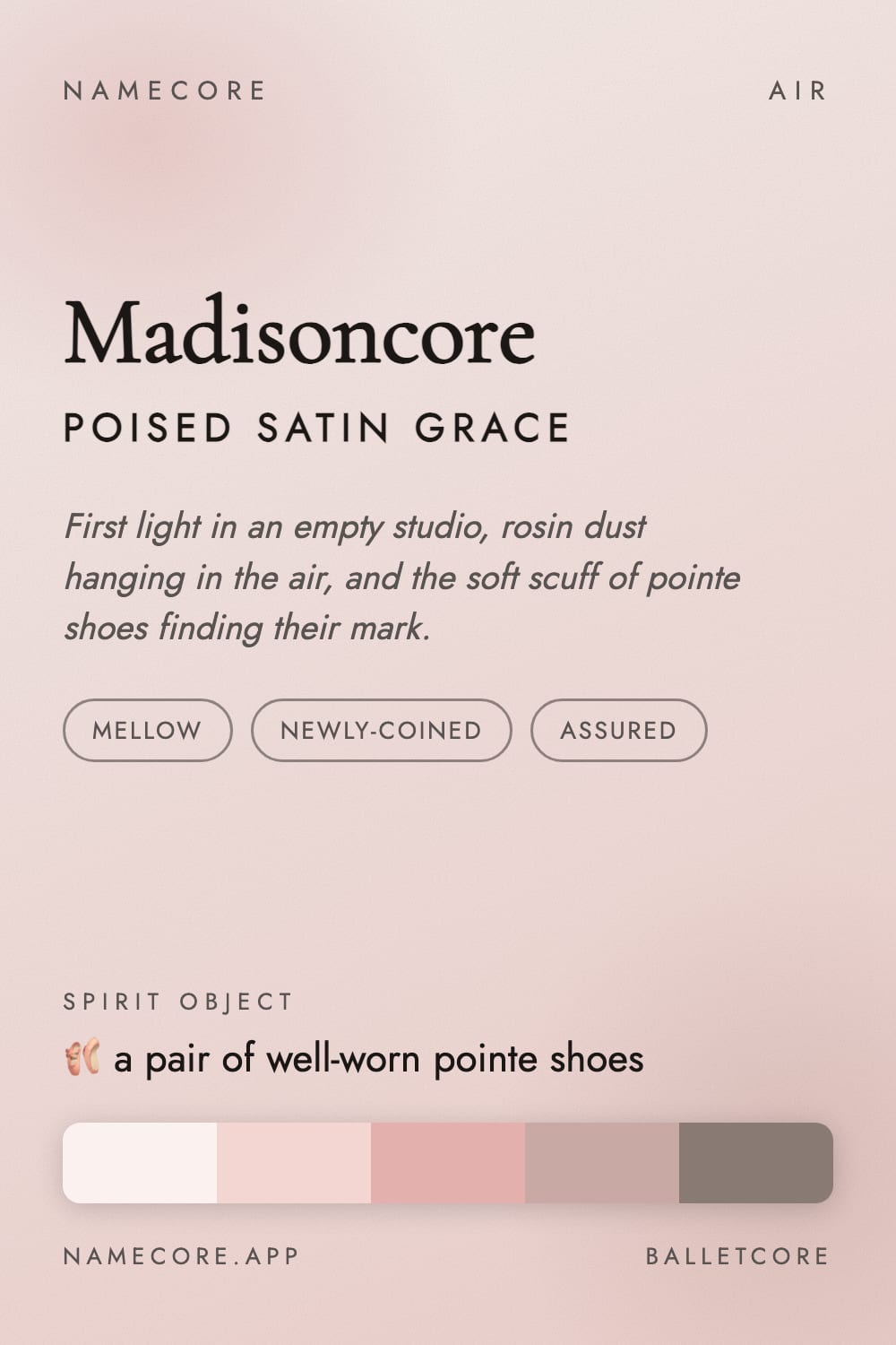 Madison aesthetic card - Madisoncore: a Balletcore palette, Cormorant Garamond type and a pair of well-worn pointe shoes