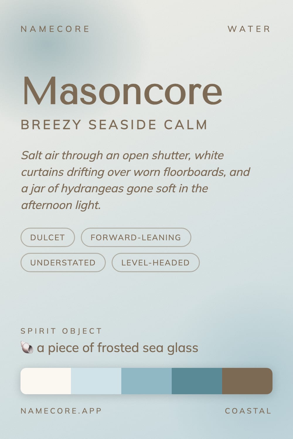 Mason aesthetic card - Masoncore: a Coastal palette, Tenor Sans type and a piece of frosted sea glass