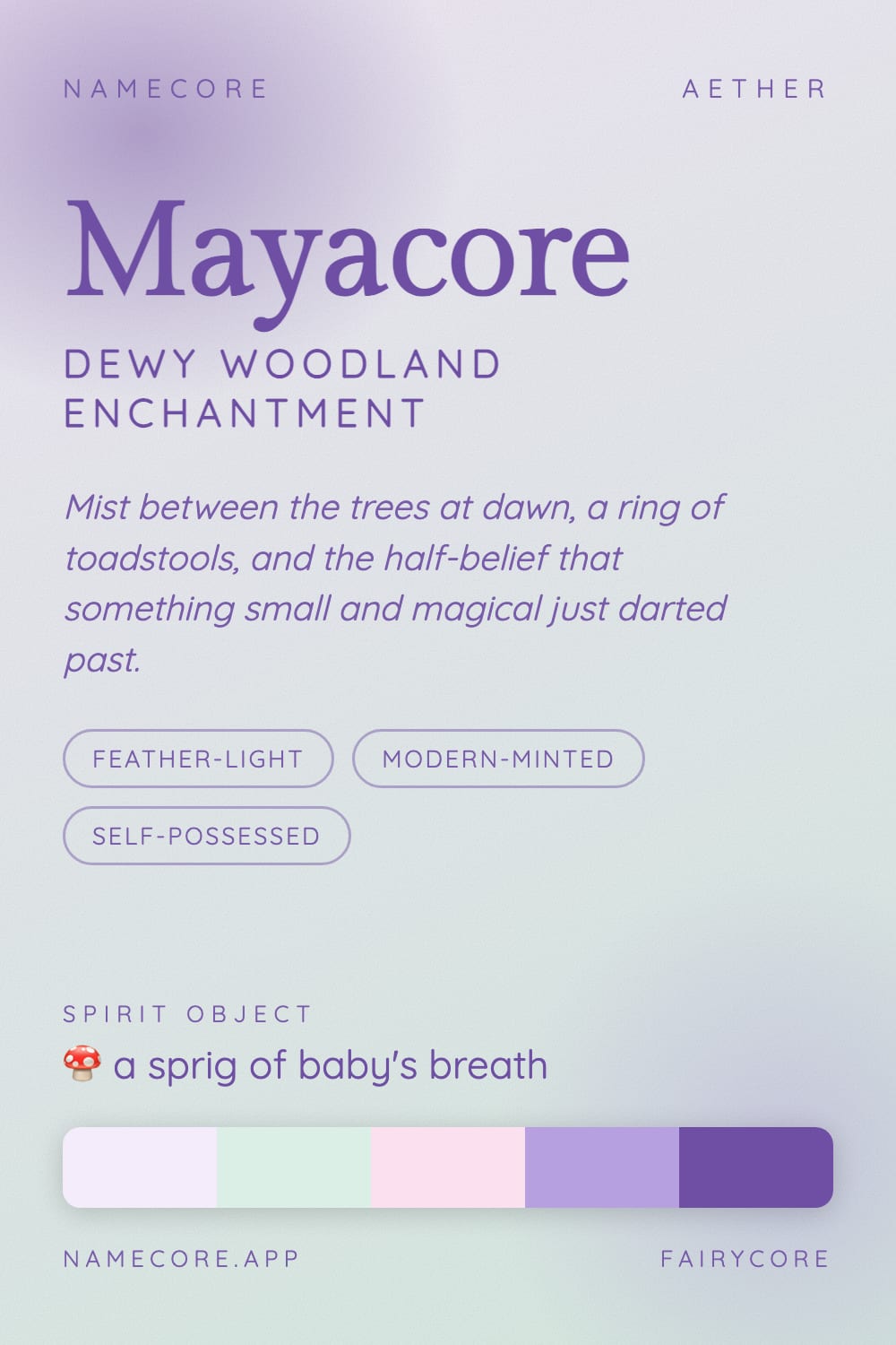 Maya aesthetic card - Mayacore: a Fairycore palette, Gilda Display type and a sprig of baby's breath