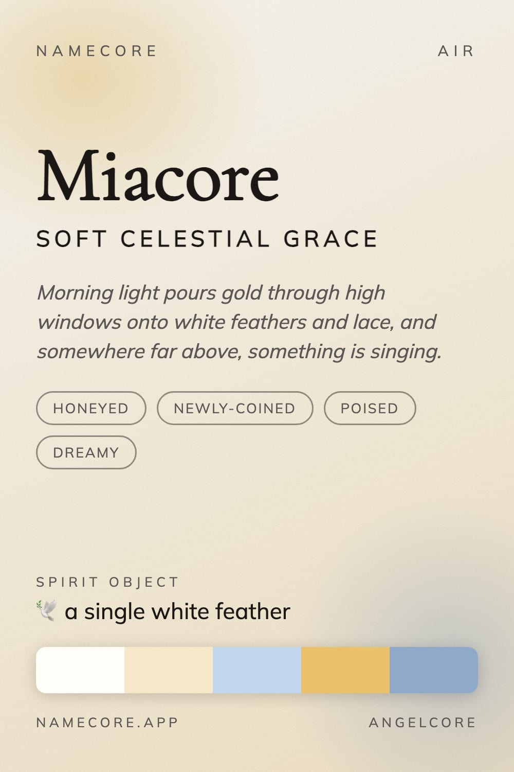 Mia aesthetic card - Miacore: a Angelcore palette, Cormorant Garamond type and a single white feather