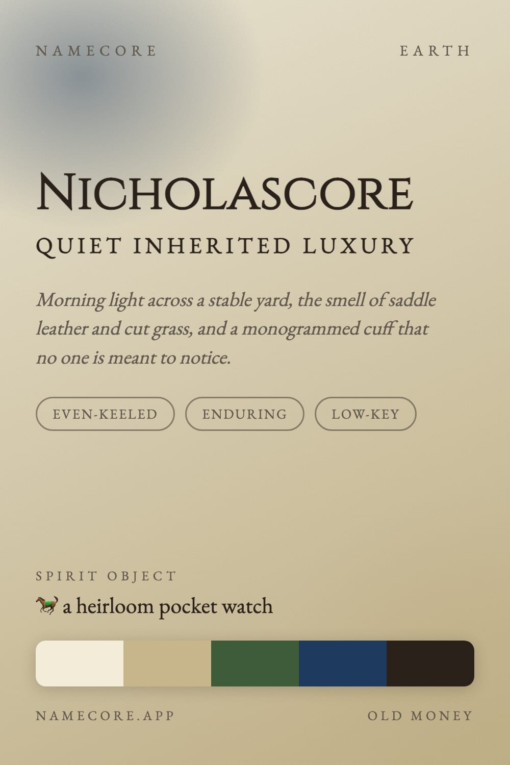 Nicholas aesthetic card - Nicholascore: a Old Money palette, Cinzel type and a heirloom pocket watch
