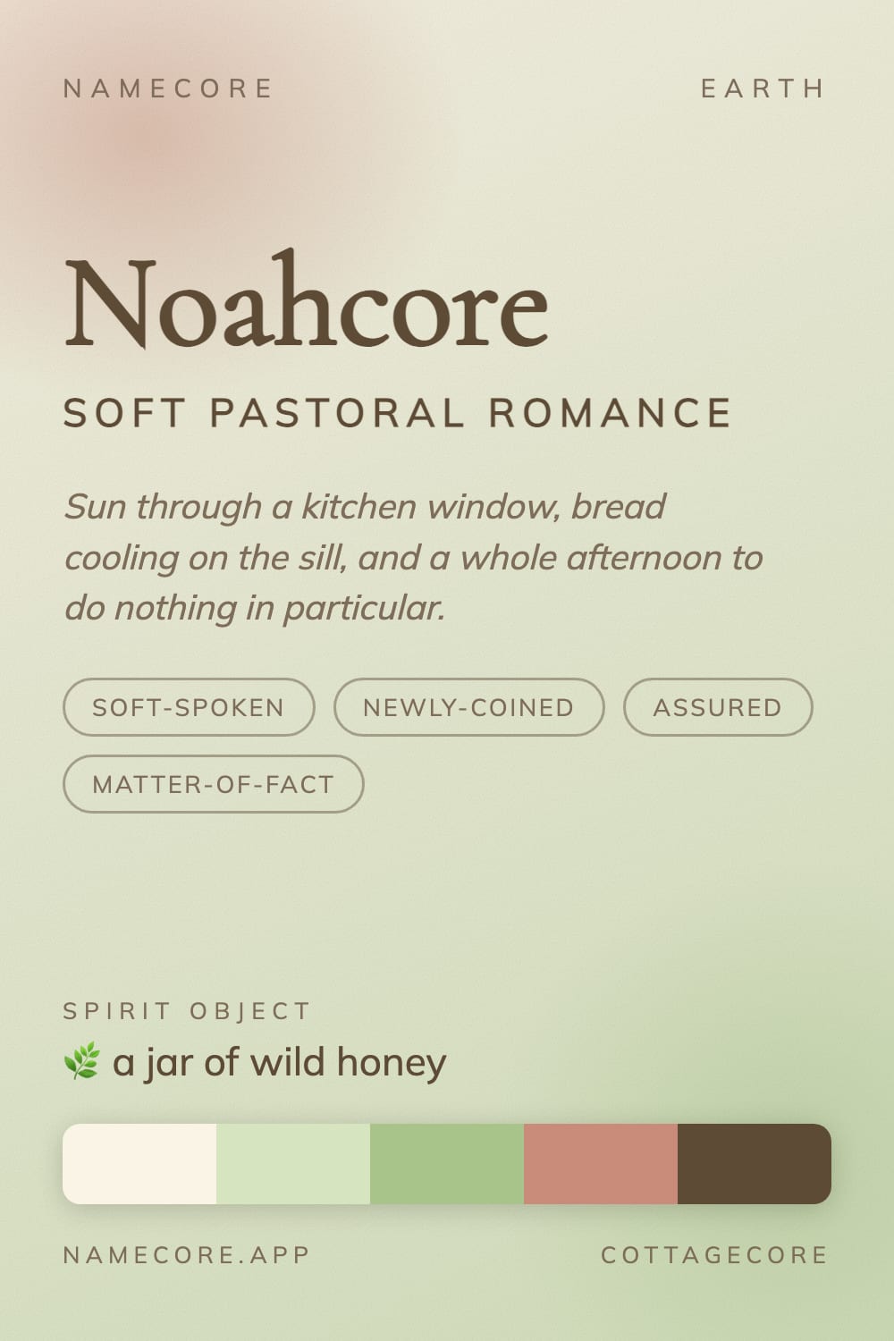 Noah aesthetic card - Noahcore: a Cottagecore palette, Cormorant Garamond type and a jar of wild honey