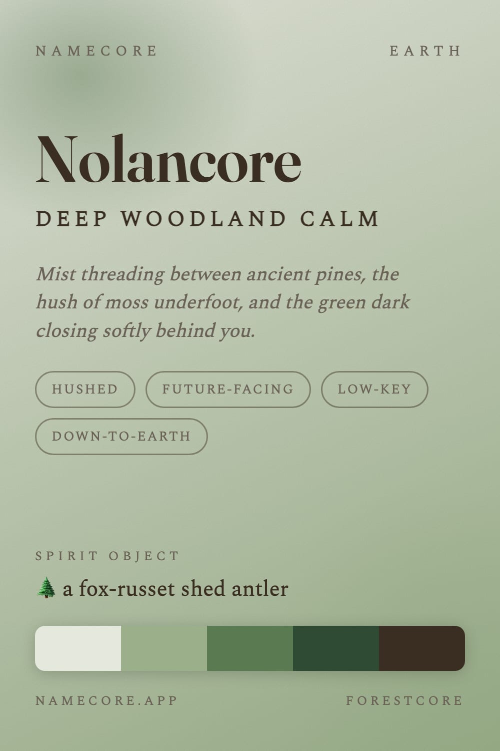 Nolan aesthetic card - Nolancore: a Forestcore palette, Fraunces type and a fox-russet shed antler