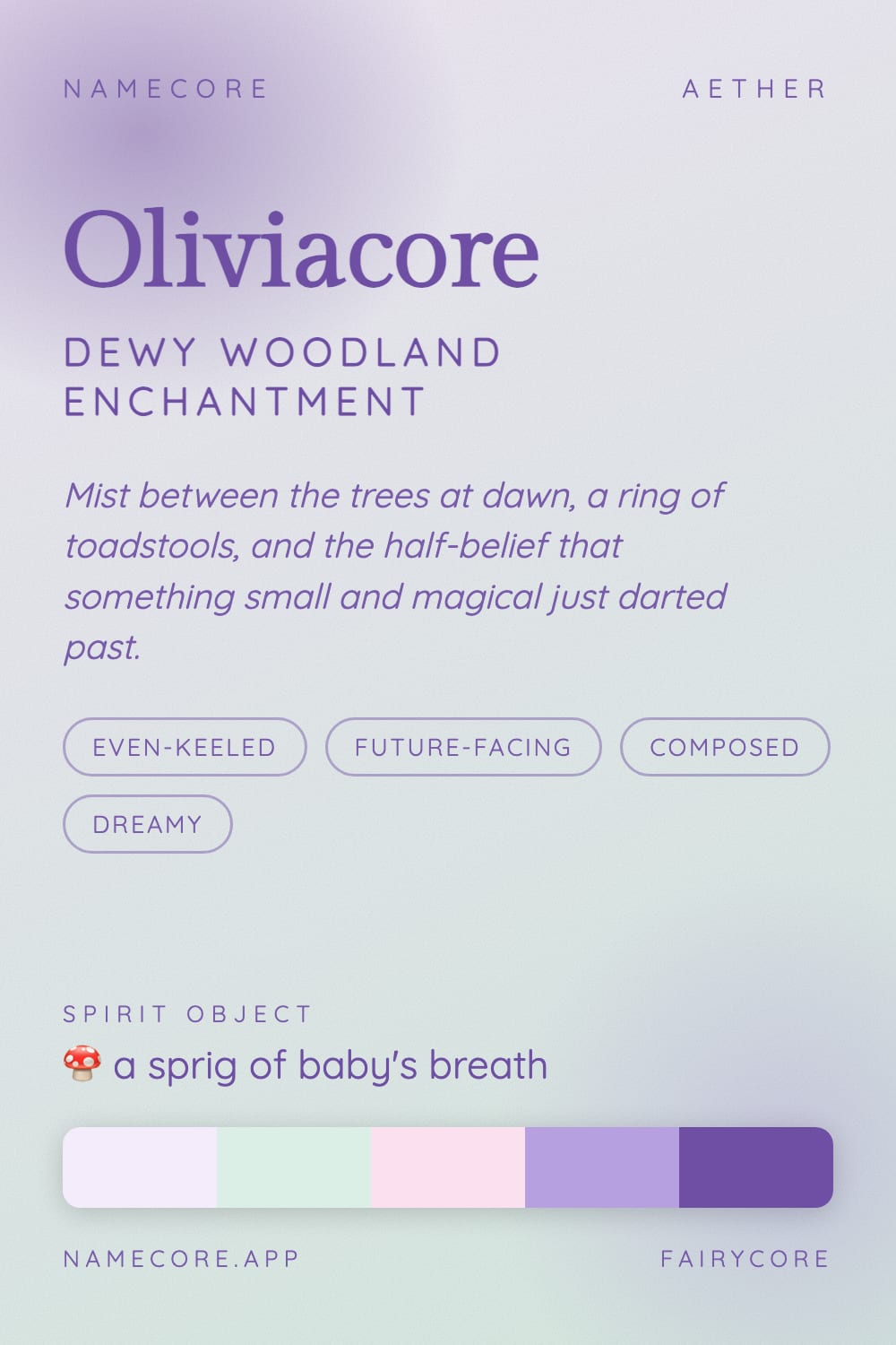 Olivia aesthetic card - Oliviacore: a Fairycore palette, Gilda Display type and a sprig of baby's breath