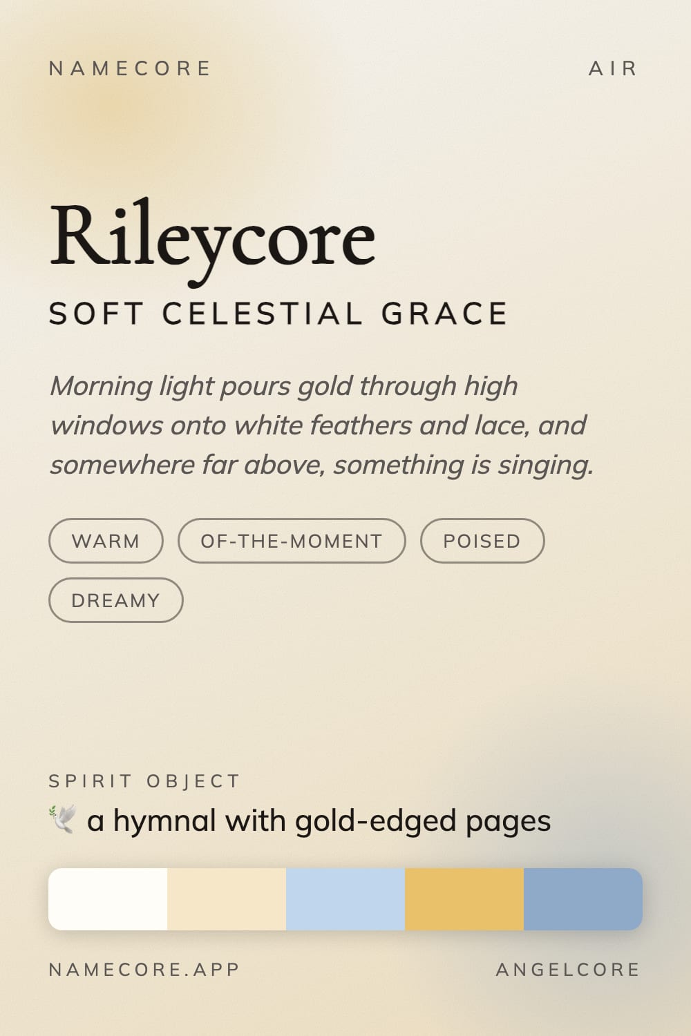 Riley aesthetic card - Rileycore: a Angelcore palette, Cormorant Garamond type and a hymnal with gold-edged pages