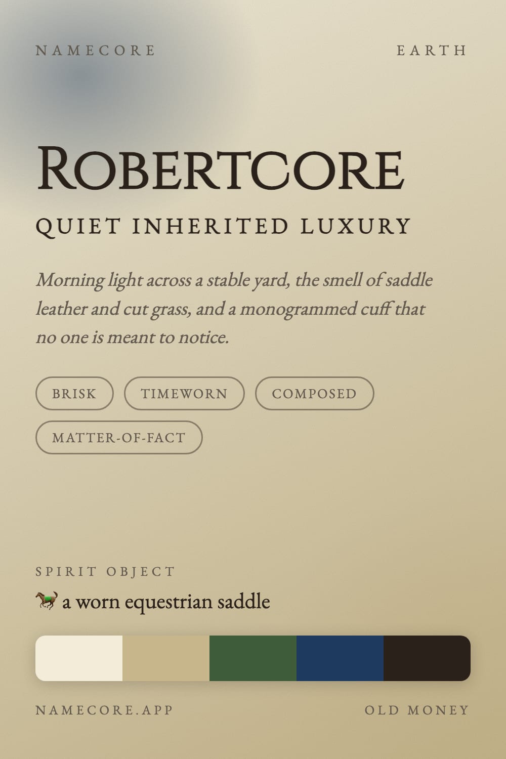 Robert aesthetic card - Robertcore: a Old Money palette, Cinzel type and a worn equestrian saddle